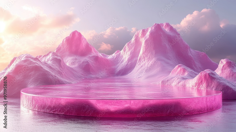 Poster abstract backgroun with white cobblestone blocks an pink glass minimal showcase scene with empty roc