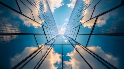Obraz premium Reflective Glass Facade of a Skyscraper with Sky and Clouds