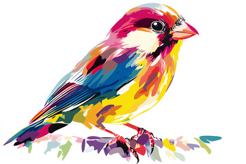 A colorful, stylized illustration of a bird perched on a branch.