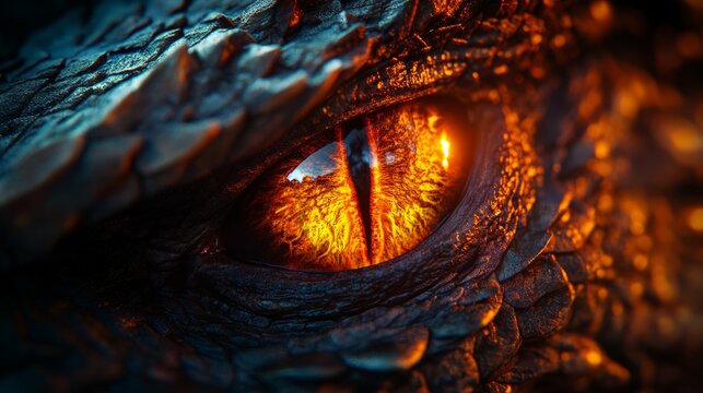 Dragon eye. 3d render of close up lizard eye. Fantasy monster looking. Macro photography of creature. Realistic colorful eye of evil dinosaur beast. Macro of angry magical animal. Predator vision.