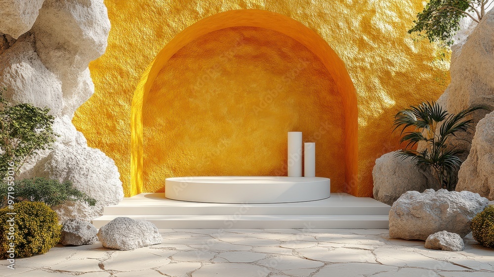 Poster abstract backgroun with white cobblestone ruins broken rocks an golden frame modern minimal showcase