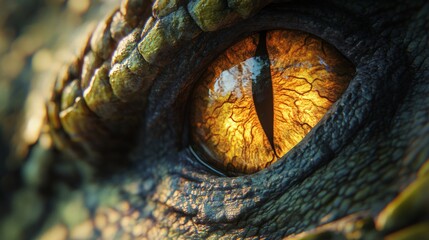 Dragon eye. 3d render of close up lizard eye. Fantasy monster looking. Macro photography of creature. Realistic colorful eye of evil dinosaur beast. Macro of angry magical animal. Predator vision.