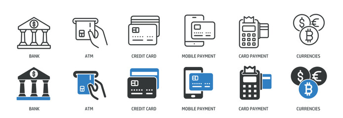 Payment line and glyph solid icons collection. Minimal icon and symbol series vector illustration