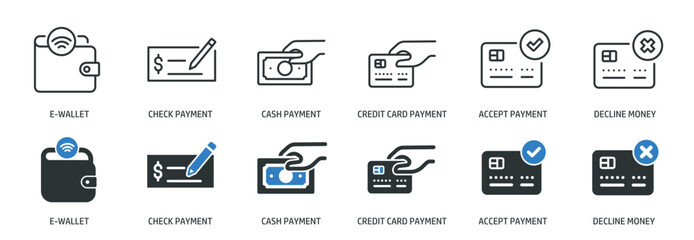 Payment line and glyph solid icons collection. Minimal icon and symbol series vector illustration