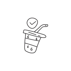 Doodle style icon of a cup with a straw and a check mark above it. Illustration of refreshing drink, summer beverage, cold refreshment, and beverage concept. 