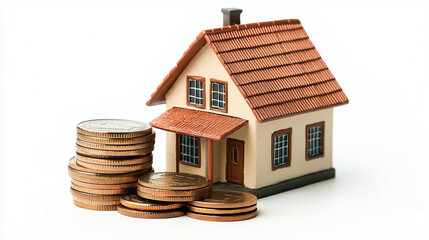 A stack of coins next to a miniature house, representing real estate investment, isolated on a white background