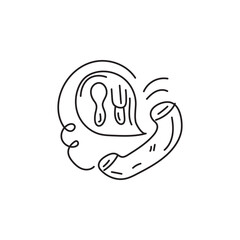 Doodle drawing of a phone with a speech bubble of a plate, fork, knife and spoon. Concept of food delivery, ordering food, restaurant service, takeaway, online food ordering.
