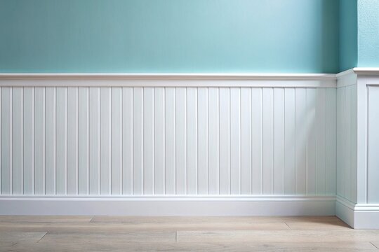 White beadboard or wainscoting with light blue wall paint