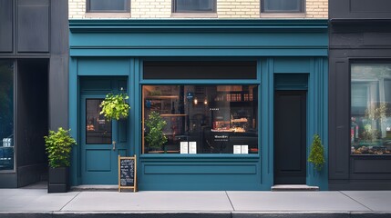 Teal storefront with a window displaying the interior of a shop