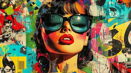 Tableau sur verre  Abstract Pop Art Portrait Woman Sunglasses Red Lips Collage  © A4719