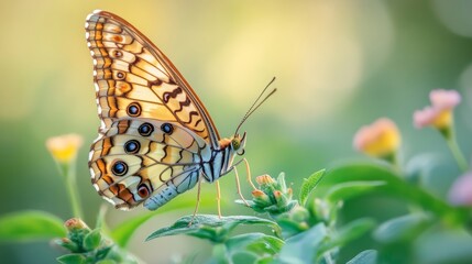 Obraz premium Close-up of a butterfly on a flower. a large butterfly sitting on green leaves, a beautiful insect in its natural habitat.