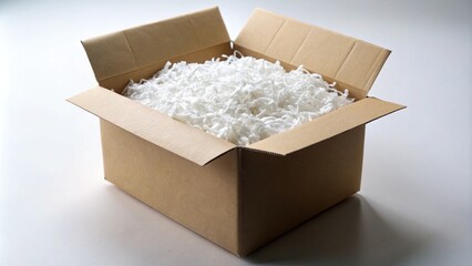 White cardboard carton flat box with paper filler on blurred background with shallow Depth of Field