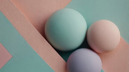 Colorful pastel spheres resting on a geometric background with soft, muted colors in a minimalistic design