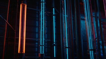 Fototapeta premium Vibrant neon tubes illuminate a dark industrial space with blue and orange colors during a nighttime setting