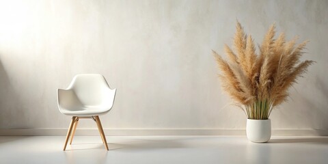 White chair in a bright modern space with dried grass Bird Eye View
