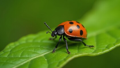 Fototapeta premium Vibrant Ladybug on a Leafy Green Stage