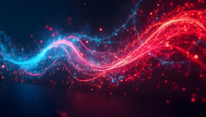 Colorful abstract waves of energy or data, with glowing particles and bokeh effects in a dark background