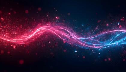Colorful abstract waves of energy or data, with glowing particles and bokeh effects in a dark background