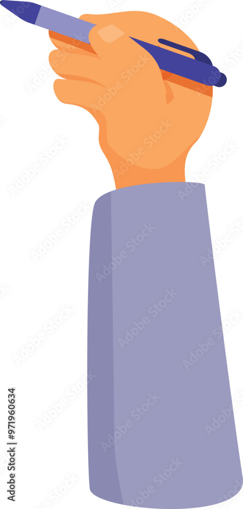 Poster hand is using a pen, possibly writing an important note, signing a contract, or completing a task
