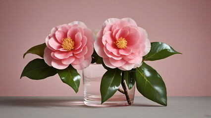 two beautiful pink rose flowers isolated on pink and gray background,
