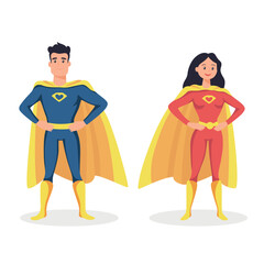 Superhero Couple Illustration. Heroic Man and Woman in Capes, Flat Vector Illustration. Superheroes Concept. Hero Costumes and Capes. Cartoon Hero Characters
