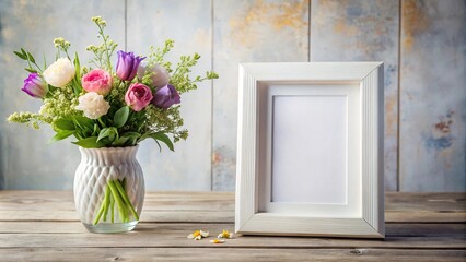 White frame next to vase of flowers on table