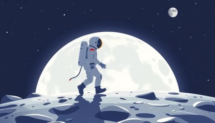 Astronaut Walking on the Moon Under Full Moonlight