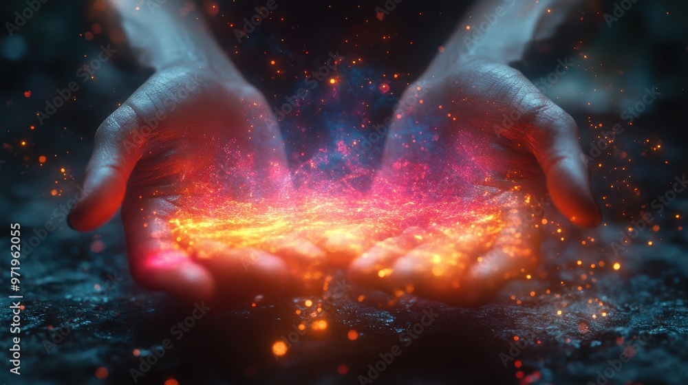 Aufkleber abstract creative concept with colorful neon objects levitating hands holding digital pa device touc