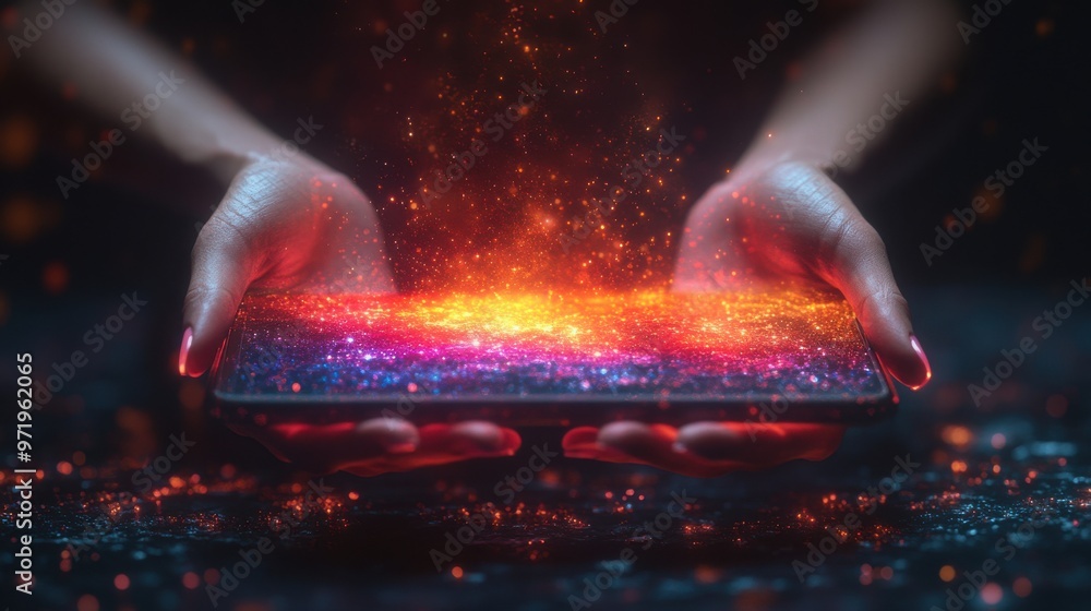 Poster abstract creative concept with colorful neon objects levitating hands holding digital pa device touc
