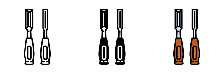 Woodworking Chisel Icon, A hand tool with a sharp, beveled edge used for carving or shaping wood, essential in woodworking or carpentry.