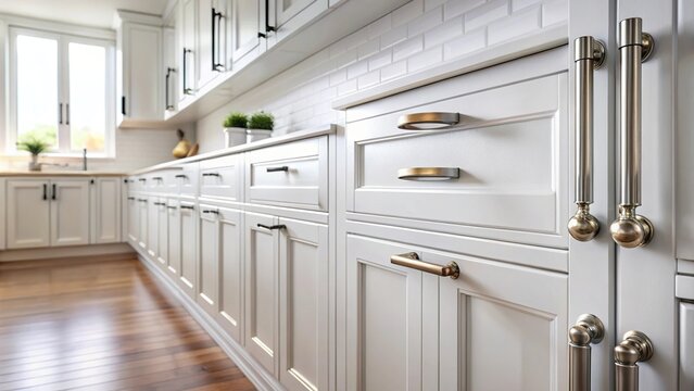 White kitchen cabinets with metal pulls or knobs on the doors