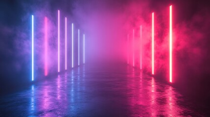 abstract fantastic neon backgroun with re laser rays an glowing lines empty performance stage with reflection