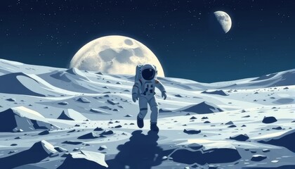Fototapeta premium Astronaut Walking on the Moon Under Full Moonlight