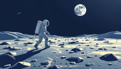 Obraz premium Astronaut Walking on the Moon Under Full Moonlight