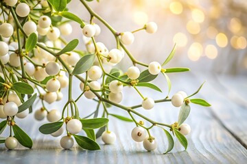 White mistletoe berries on branches against a light background