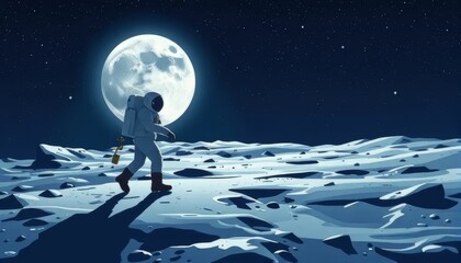 Astronaut Walking on the Moon Under Full Moonlight