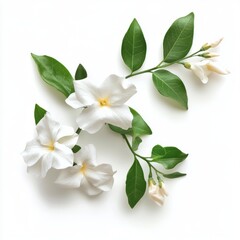 Obraz premium Photo white jasmine with leaves on white isolated background