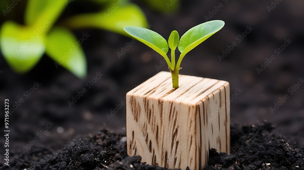 Wall mural wooden cubes with esg icons and green plant symbolizing sustainable investment and organizational de