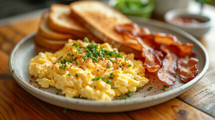 plate of scrambled eggs with toast and bacon, on wooden kitchen table