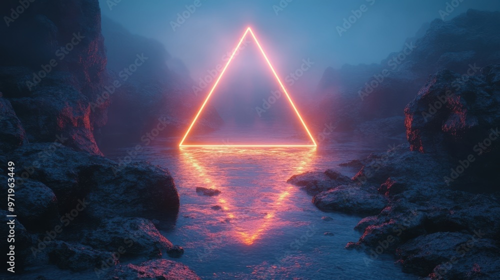 Poster abstract futuristic backgroun with glowing neon triangle black stones rocks cobble an reflection in 