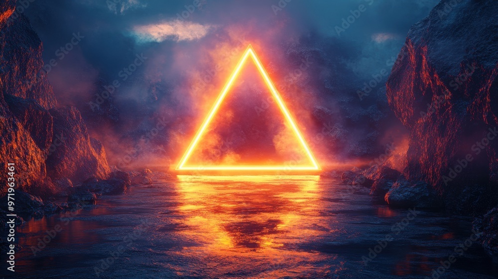 Poster abstract futuristic backgroun with glowing neon triangle black stones rocks cobble an reflection in 