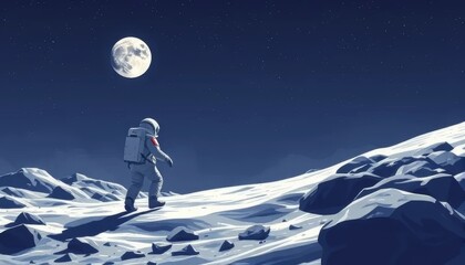 Astronaut Walking on the Moon Under Full Moonlight