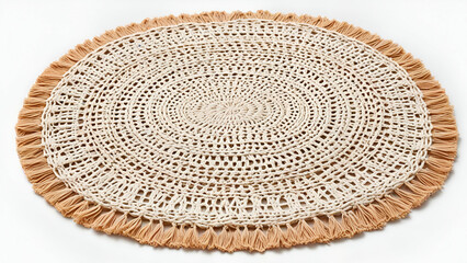 Close up of oval water mat made of water hyacinth fabric Rustic eco friendly household decoration white background,