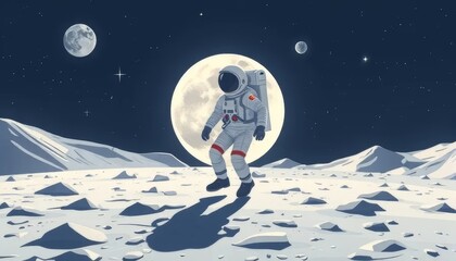 Astronaut Walking on the Moon Under Full Moonlight