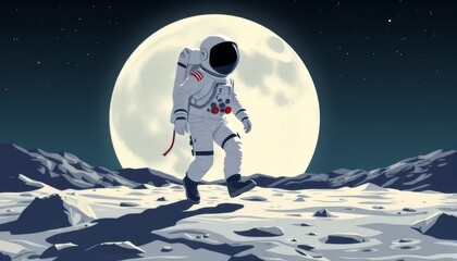 Astronaut Walking on the Moon Under Full Moonlight
