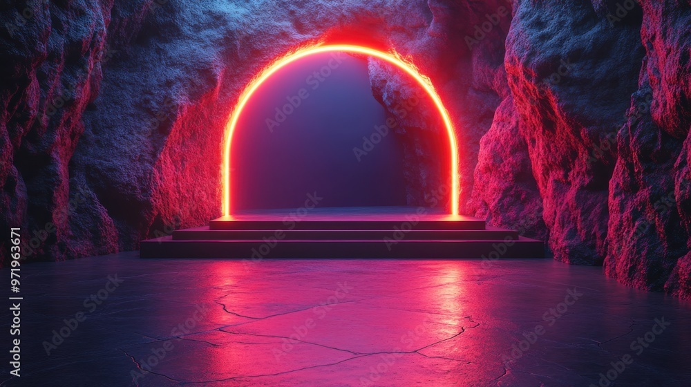 Poster abstract futuristic minimal backgroun with black rocks cobble platform neon arch frame an reflection