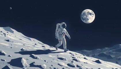 Astronaut Walking on the Moon Under Full Moonlight