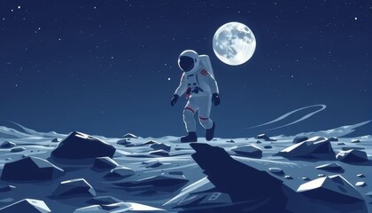Astronaut Walking on the Moon Under Full Moonlight