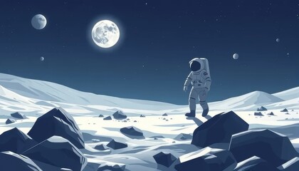 Astronaut Walking on the Moon Under Full Moonlight