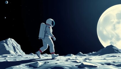 Astronaut Walking on the Moon Under Full Moonlight